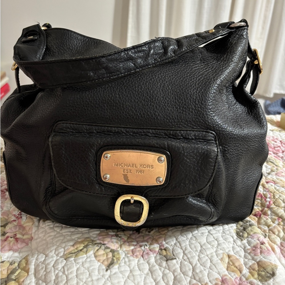 Michael Kors Black Leather Bag with Gold Accents